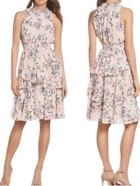 Eliza J Blush Floral Halter Tiered Midi Dress